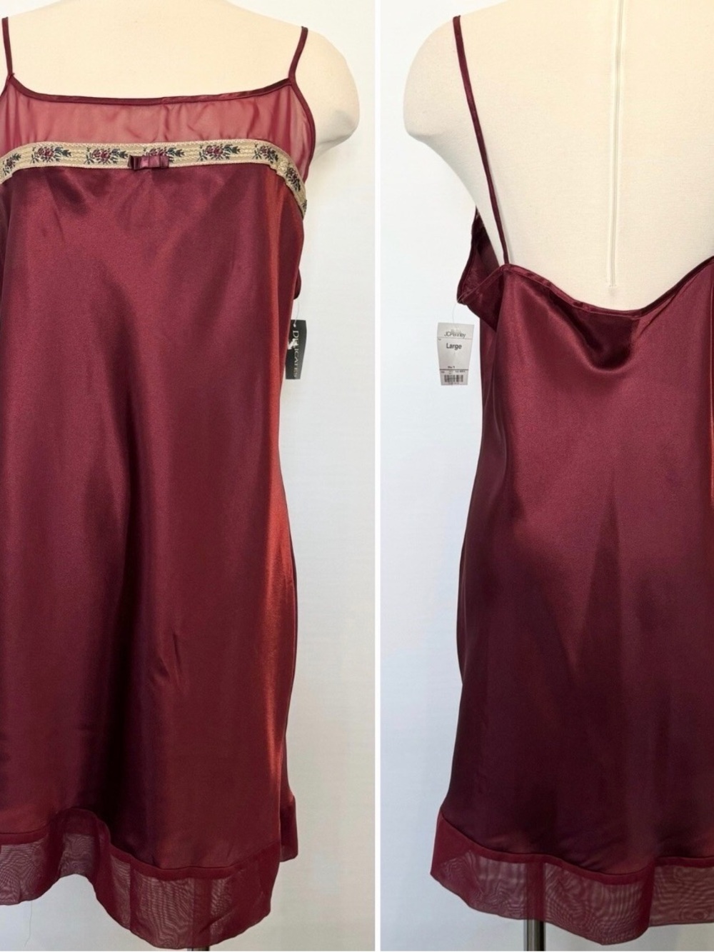 jcpenney Burgundy Satin Slip Nightgown with Embroidered Trim